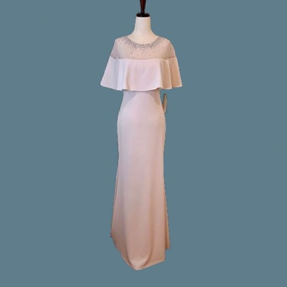 NWT Calvin Klein Full Length Stretch Crepe Beaded Cape Gown Dress Blush Pink 8 - Picture 1 of 8